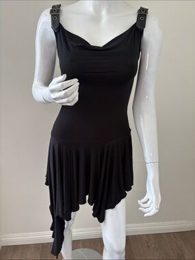 Dolls Kill Brand Current Mood Black Asymmetrical Mini Dress Faux Leather Straps